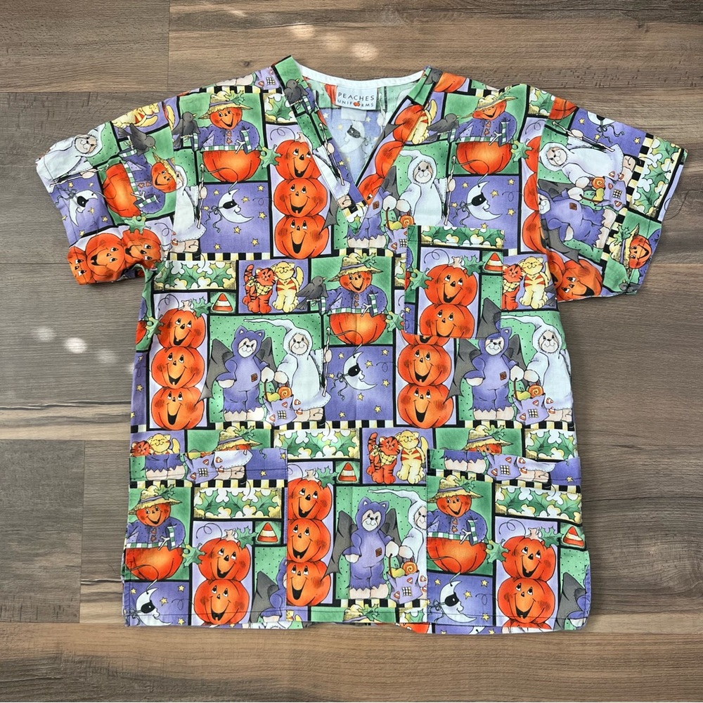 Peaches Uniforms Halloween Teddy Bears & Pumpkins Short Sleeve Scrub top Size L